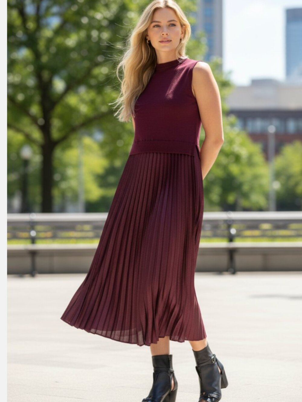 NWT MAX STUDIO Mock Neck Sleeveless Twofer Dress Large, WINE